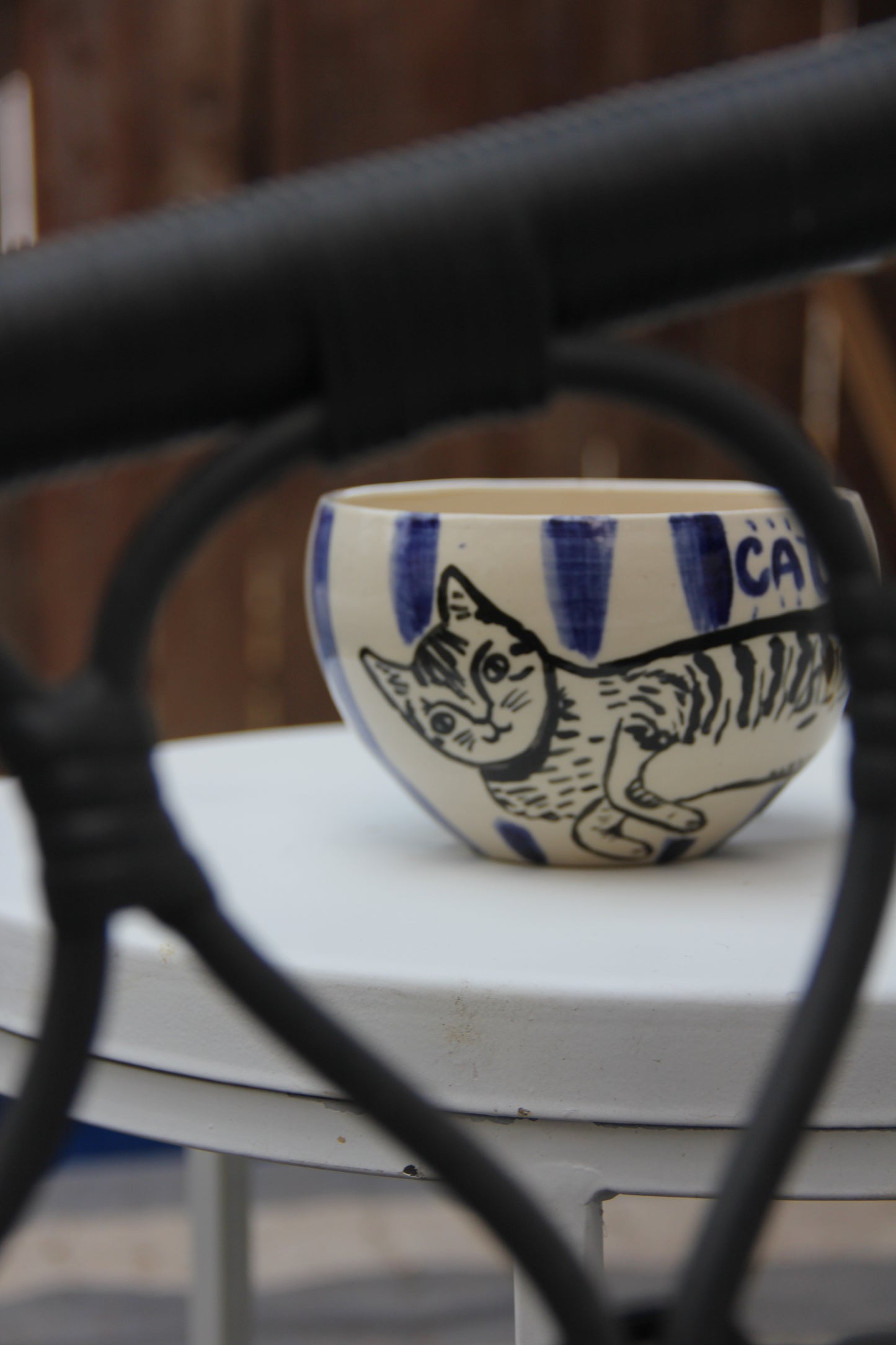 Handmade Ceramic Planter with Cat Face illustration