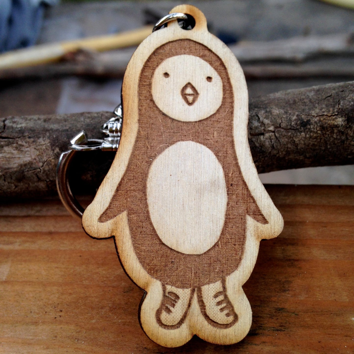 Penguin Wood Keychain